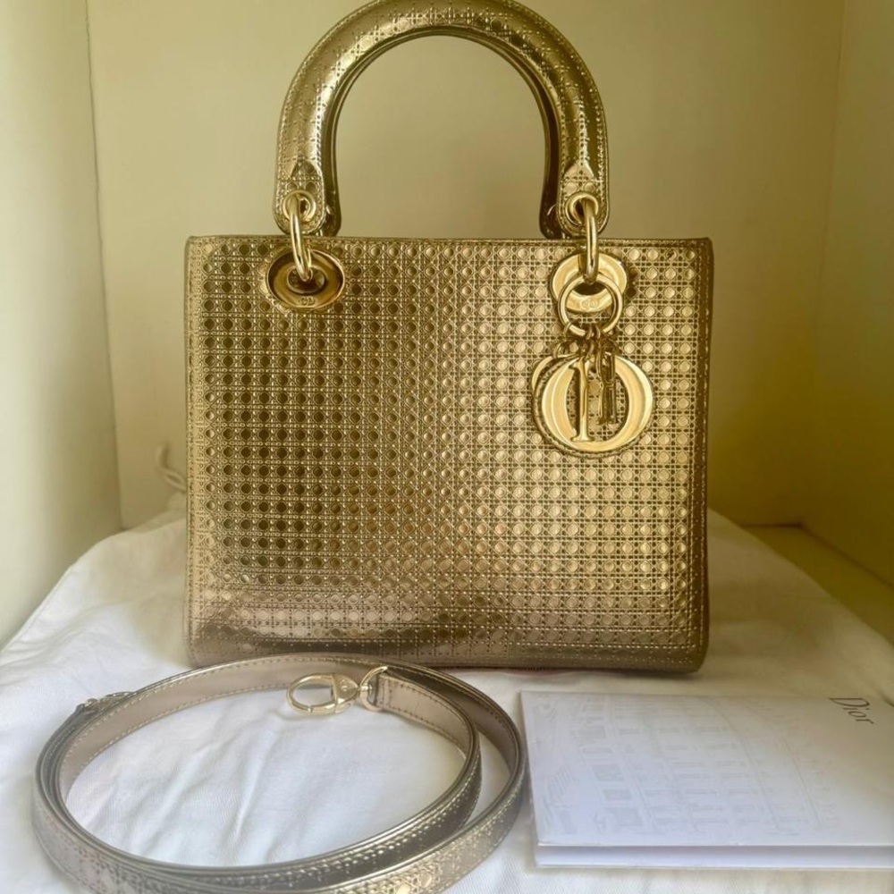 Christian Dior Gold Medium Metallic Micro Cannage Satchel with Shoulder Strap